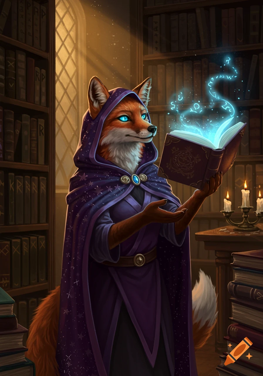 A red fox mage wearing a purple starry cloak reads a glowing magical book in a library filled with bookshelves.