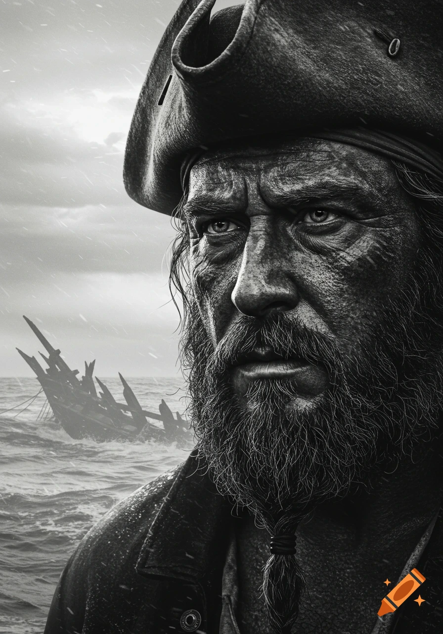 Photorealistic black and white portrait of a rugged, bearded captain against a stormy sea with a shipwreck.