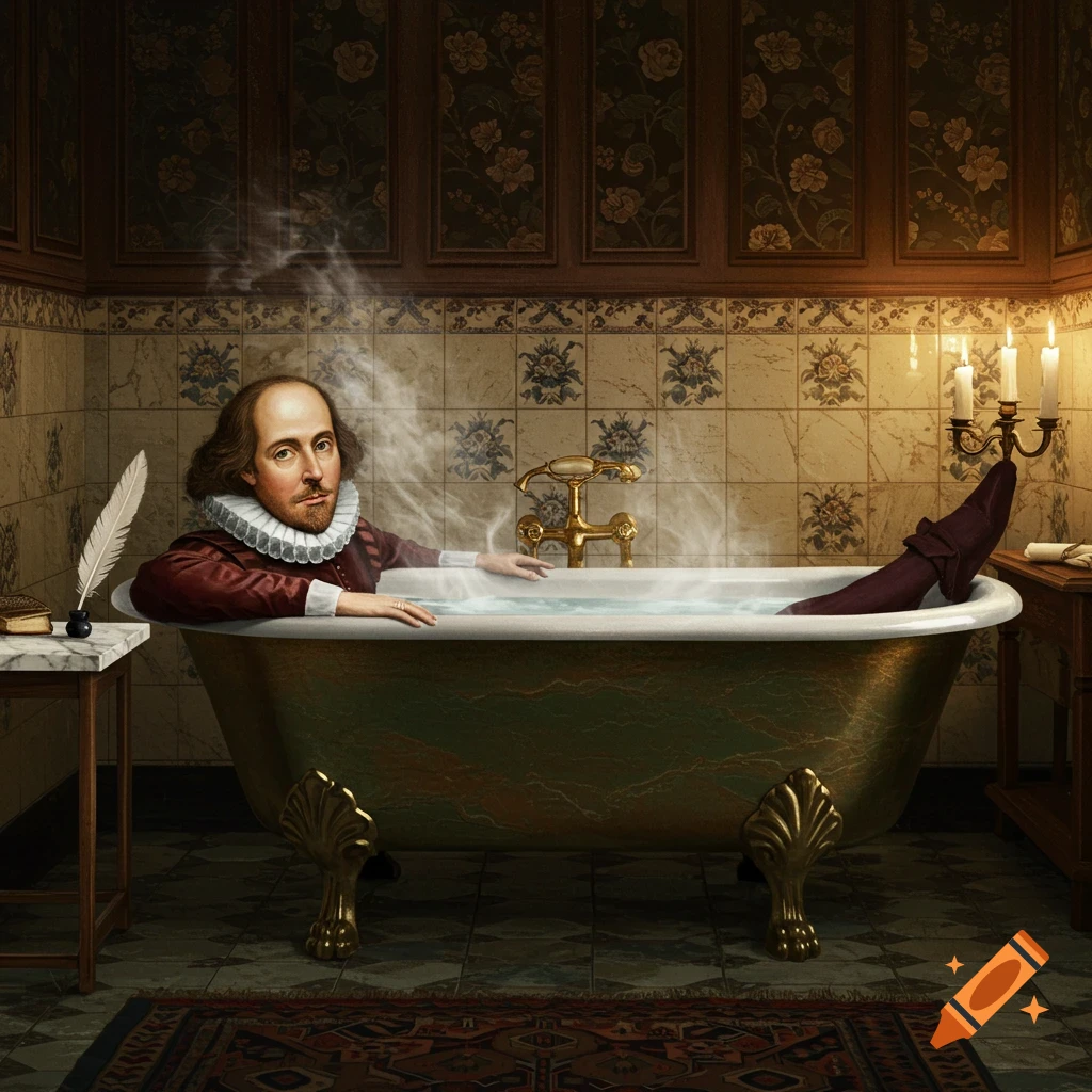 William Shakespeare relaxes in a steamy, ornate bathtub in a tiled bathroom, one booted leg propped up.