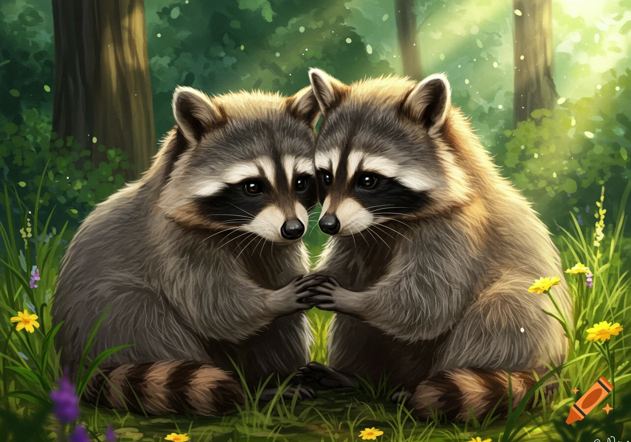 Two raccoons holding paws and looking at each other in a lush green forest, digital art style.