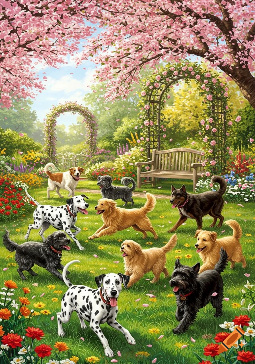Multiple happy dogs run and play in a vibrant spring garden filled with colorful flowers and pink cherry blossoms.