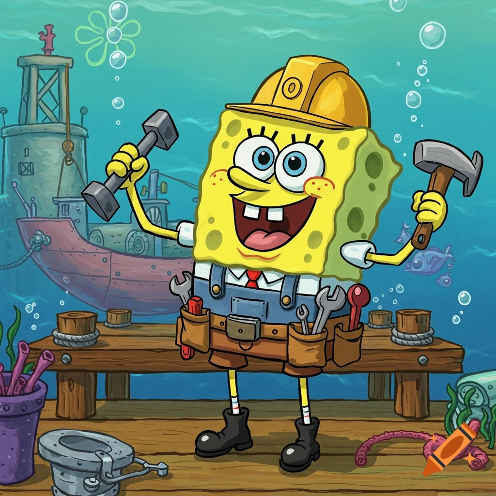Spongebob Squarepants in a hard hat and overalls, holding tools, standing on an underwater dock with a sunken boat in the background.