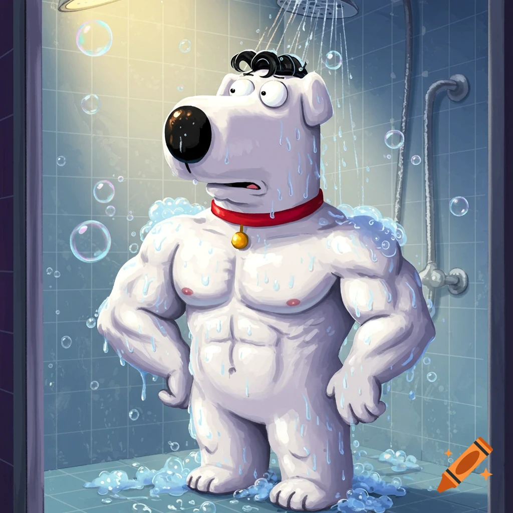 Muscular Brian from Family Guy showering, water and bubbles cascading over his white fur.