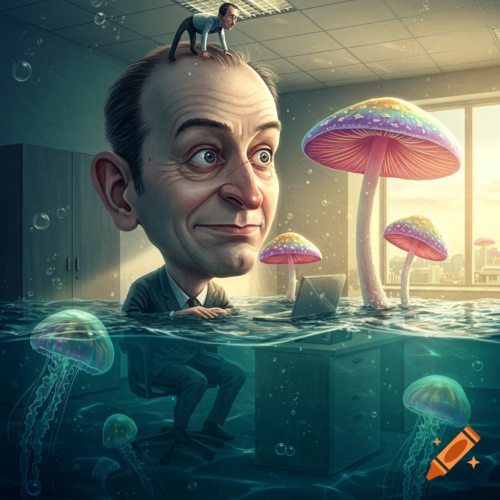 Surreal caricature of a big-headed man at a flooded office desk with colorful mushrooms, jellyfish, and a tiny man on his head.