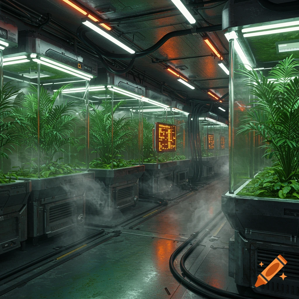 Futuristic plant laboratory with rows of green plants in illuminated glass cases, glowing data screens, and mist.