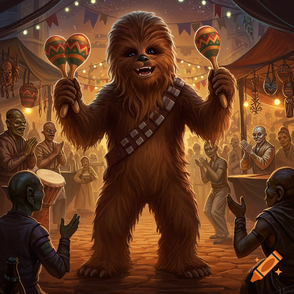 Chewbacca joyfully plays maracas in a lively, warmly lit alien market with a cheering crowd.