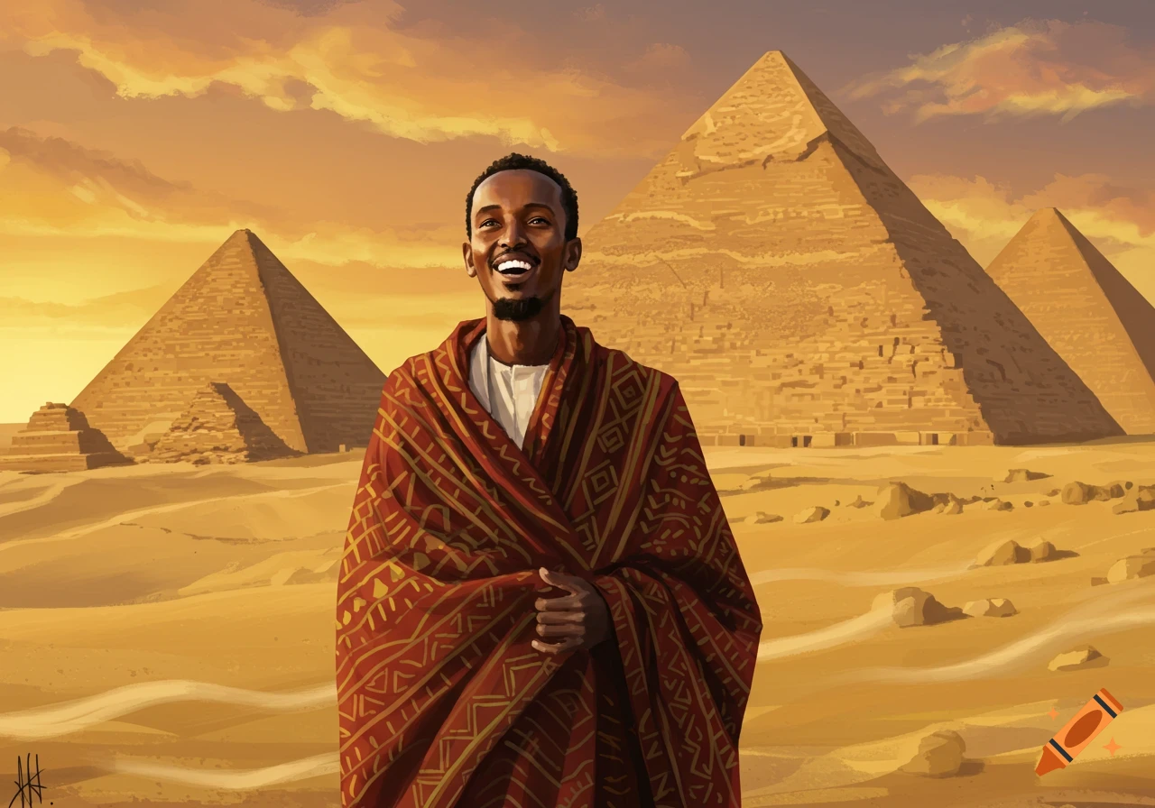 Smiling man in a red patterned wrap stands before the Giza pyramids in a desert at sunset, illustrated.