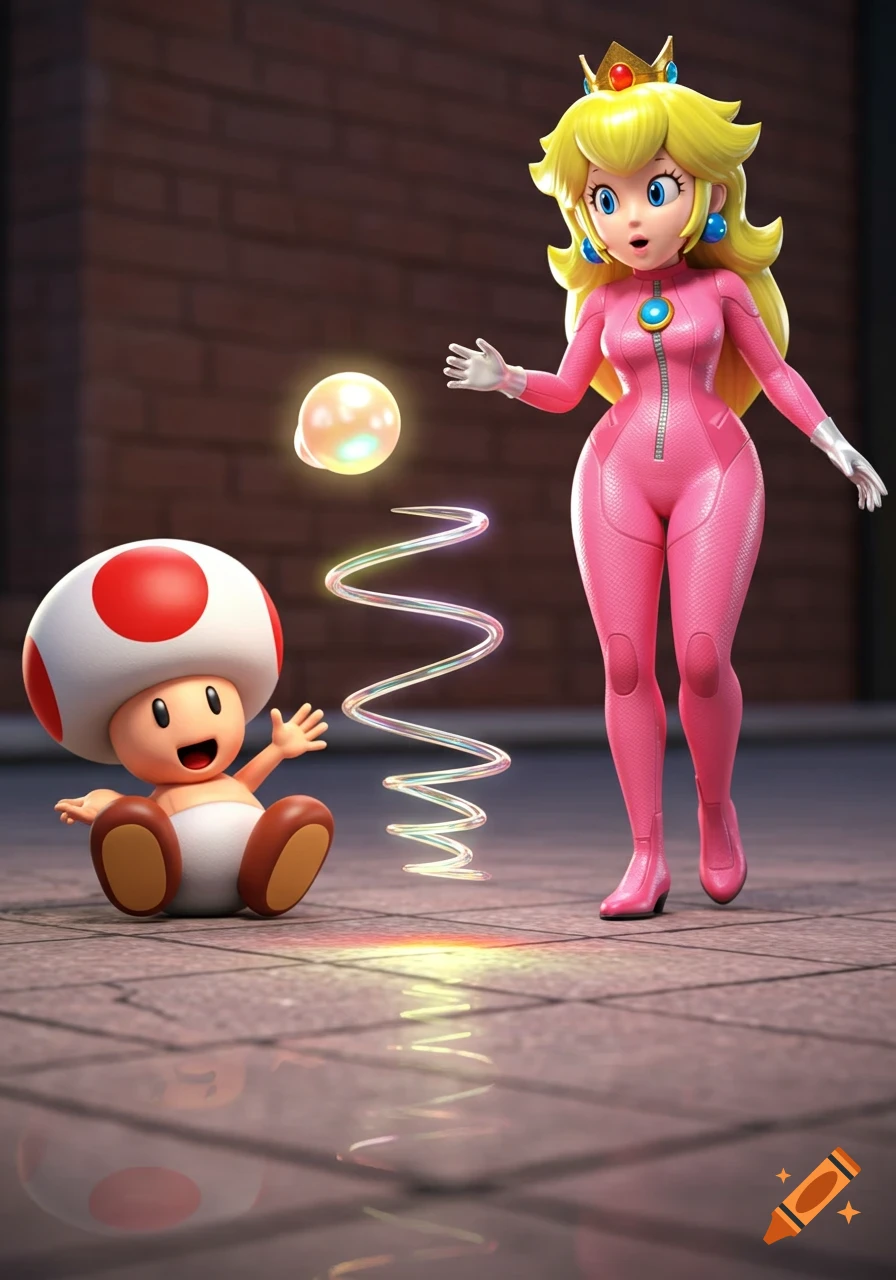 Princess Peach in a pink jumpsuit watches with surprise as Toad sits on a sidewalk next to a glowing pearl and rainbow spiral.