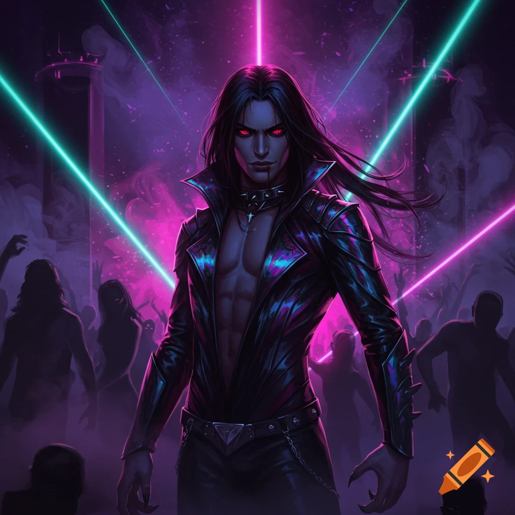 A dark-haired vampire with red eyes and fangs stands in an open leather jacket in a neon-lit rave with laser beams and silhouetted figures.