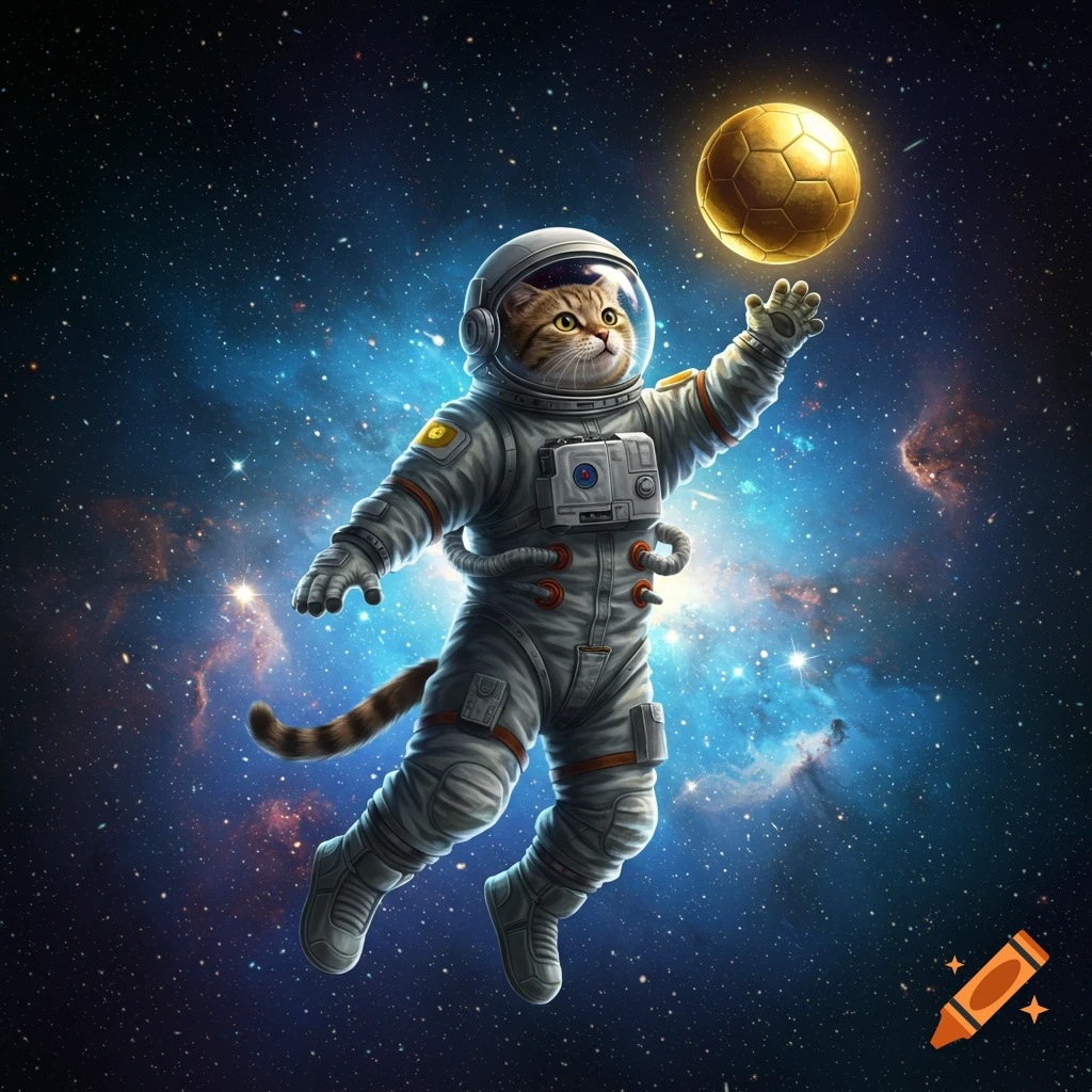 An adorable cat in an astronaut suit floats in space, reaching for a glowing golden soccer ball among stars and nebulae.