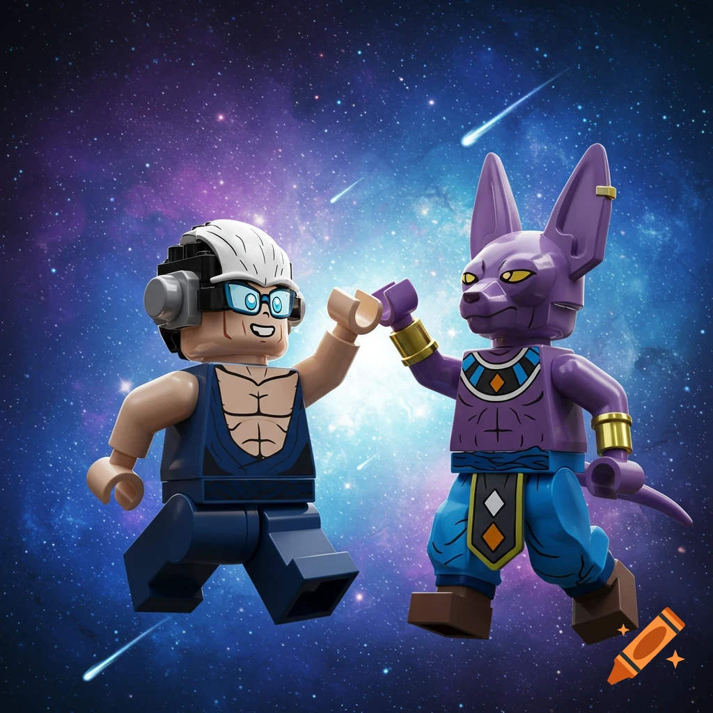 Lego Gojo and Beerus high-fiving in a starry galaxy.
