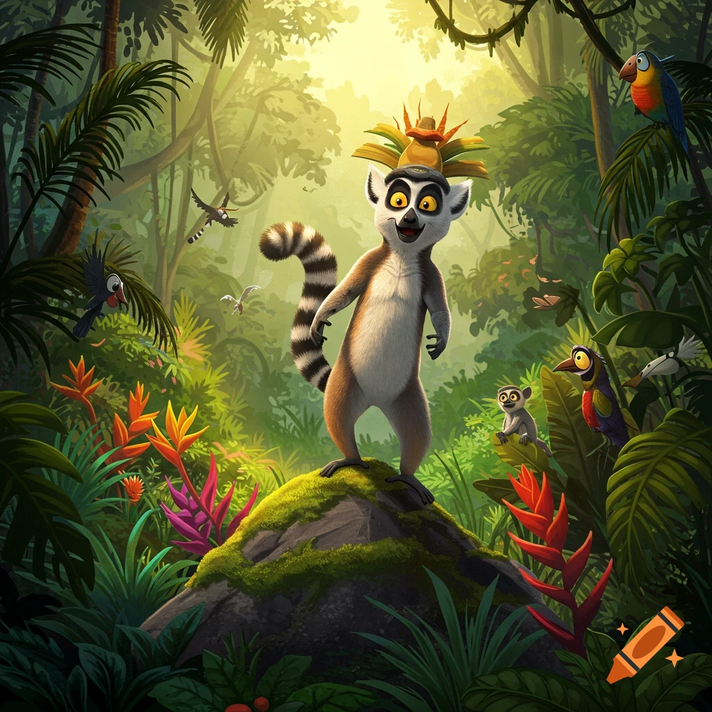 A cartoon lemur, King Julien, stands on a mossy rock in a lush jungle with birds and tropical flowers.