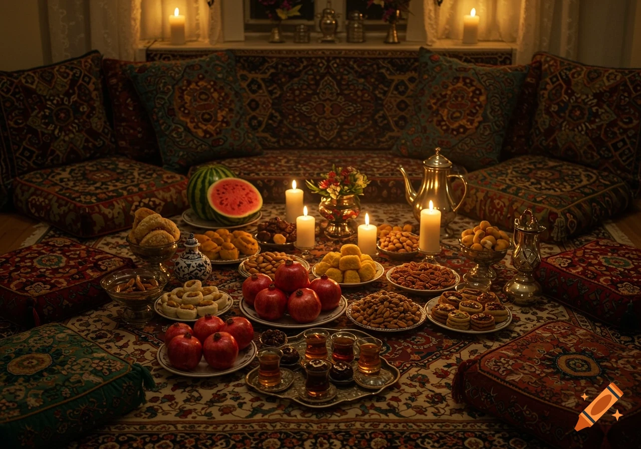 A traditional Yalda Night spread with watermelon, pomegranates, nuts, and sweets on a low table, surrounded by Persian cushions and carpets under warm candlelight.