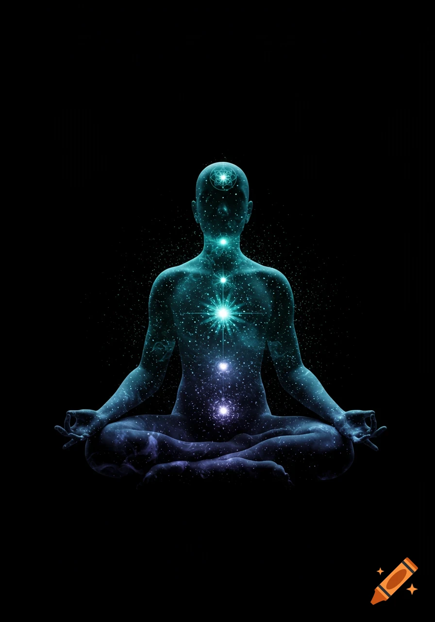 Silhouette of a person meditating, filled with glowing cosmic galaxy and chakras, on a black background.