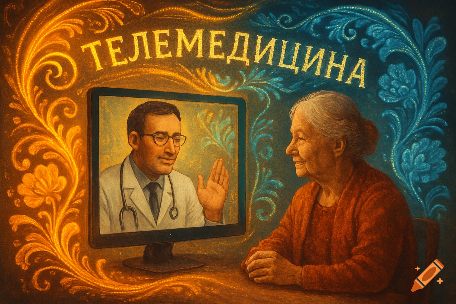 Older woman consults male doctor on screen, surrounded by glowing Russian folk art patterns. Text "ТЕЛЕМЕДИЦИНА" at top.