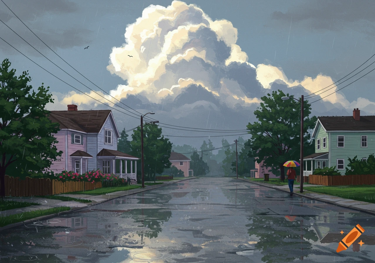 Illustrative suburban street in the rain with a person under a colorful umbrella, reflective puddles, and bright clouds.
