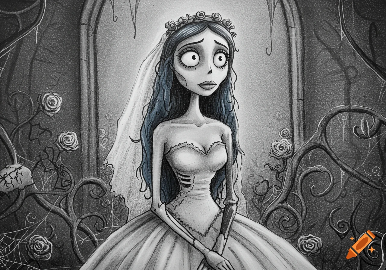 A black and white sketch of Emily from Corpse Bride in her wedding dress, with blue hair, surrounded by twisted branches and roses.