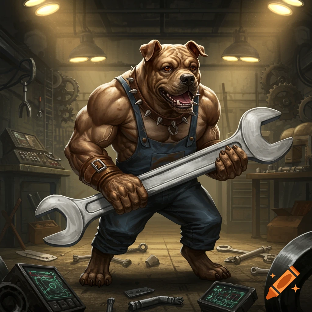 A muscular, anthropomorphic pit bull in blue overalls and a spiked collar holds a giant wrench in a dimly lit workshop filled with tools.