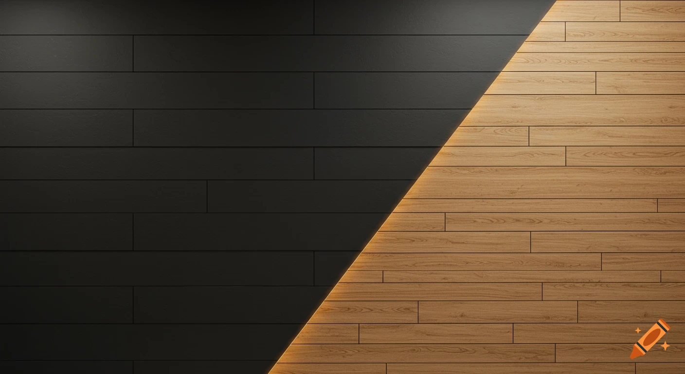 A modern wall diagonally split by a glowing light, featuring horizontal black panels on one side and natural wood planks on the other.