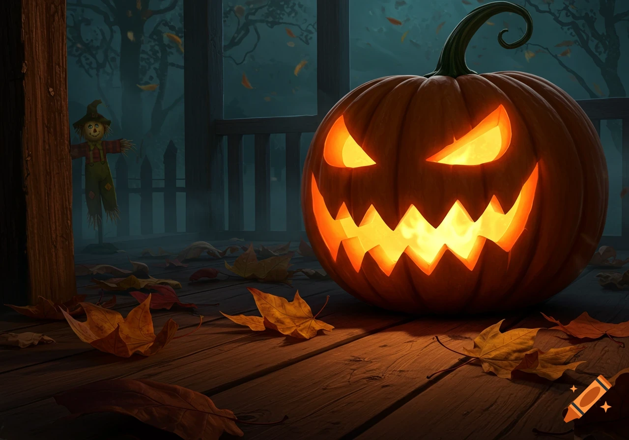 A glowing jack-o'-lantern on a wooden porch covered in autumn leaves, with a scarecrow in the misty, spooky background at night.