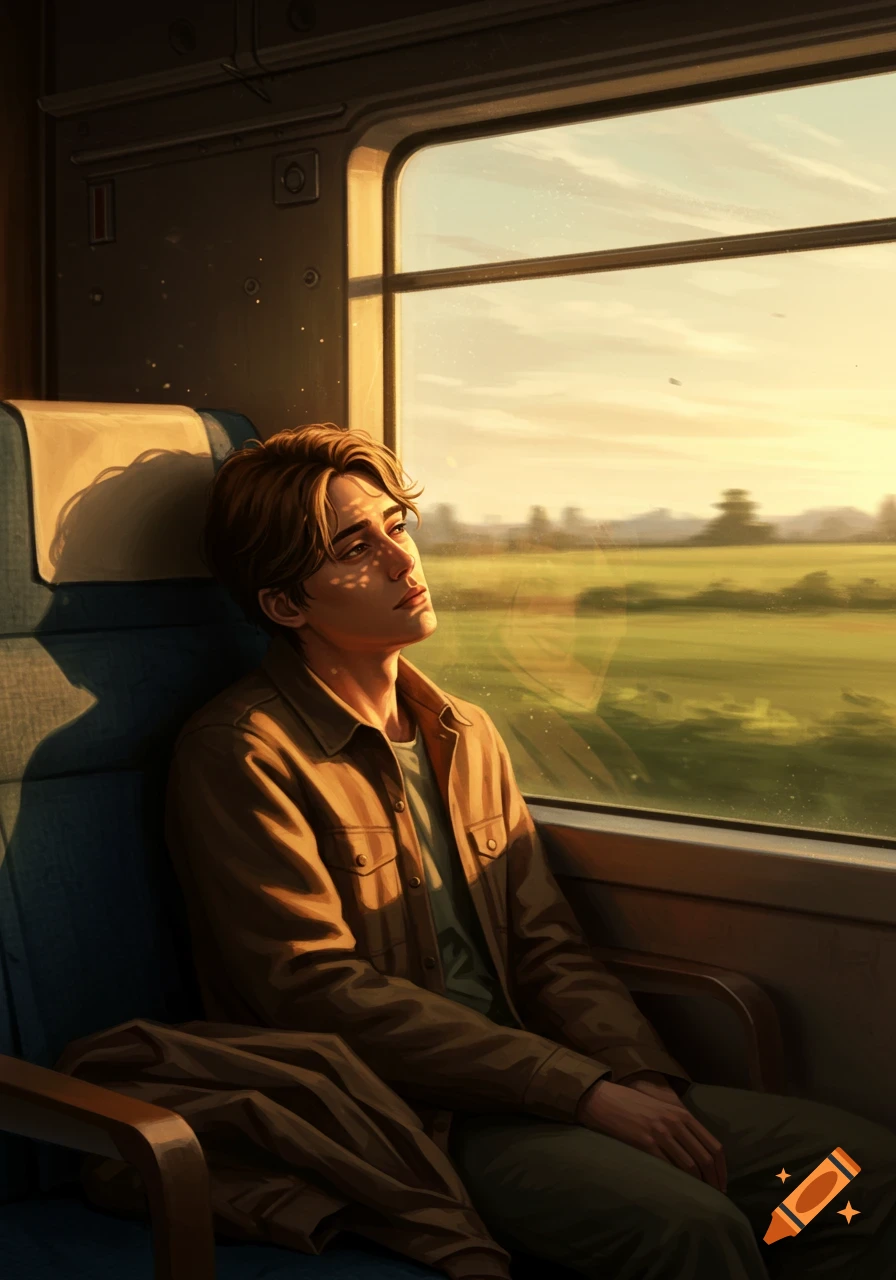 A pensive person in a brown jacket sits on a train, gazing out the window at passing green fields during sunset. Digital art.