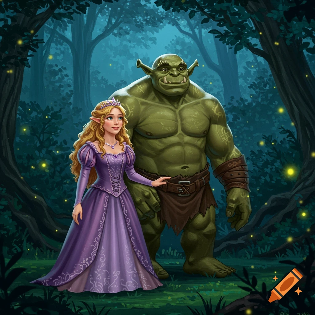 A blonde princess in a purple dress stands next to a large green orc in a dark, glowing fantasy forest. Digital art.
