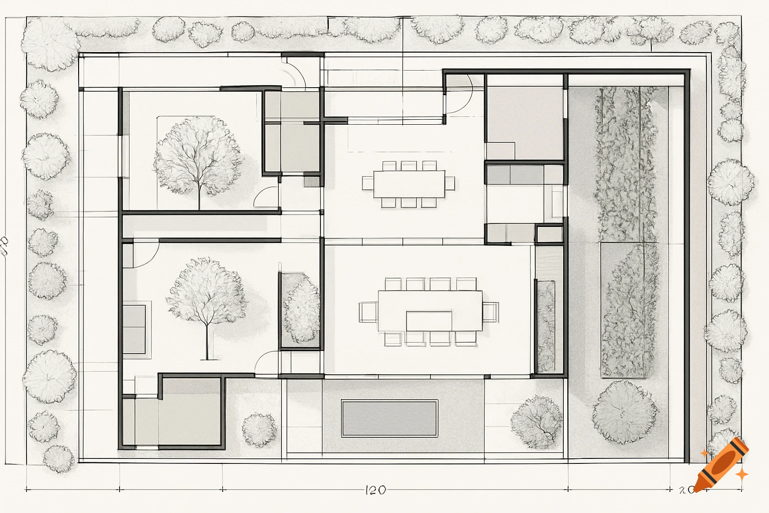 Overhead architectural floor plan of a house with internal courtyards, trees, and outdoor areas, in a hand-drawn style.