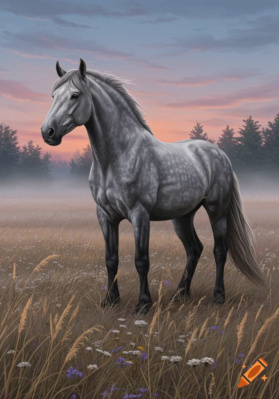 A majestic grey horse stands in a misty field with tall grass and wildflowers at sunset, with pine trees in the distance.