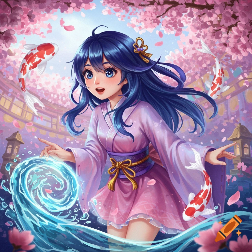 Anime girl with blue hair in a kimono, conjuring water amidst pink cherry blossoms and flying koi fish.