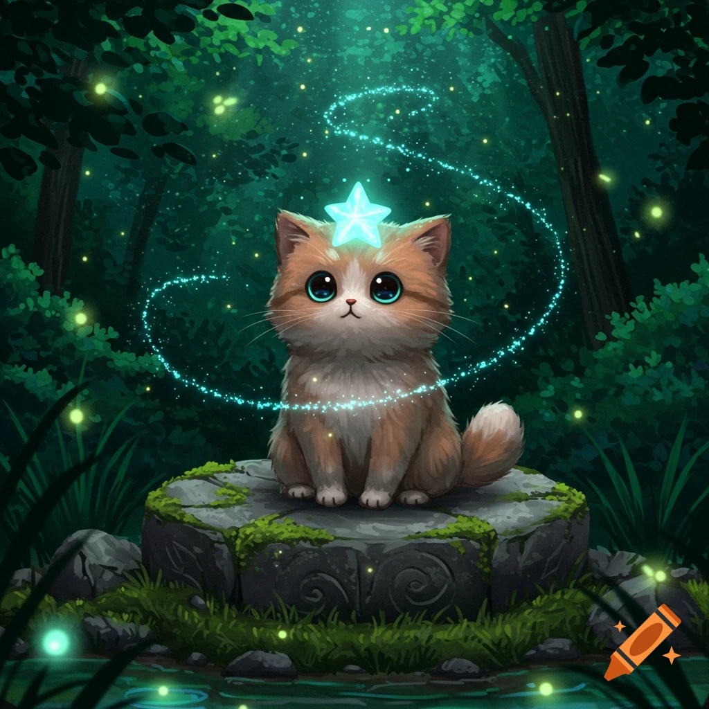 A cute orange and white cat with a glowing blue star on its head sits on a mossy stone in a magical, dark forest with sparkling light trails.