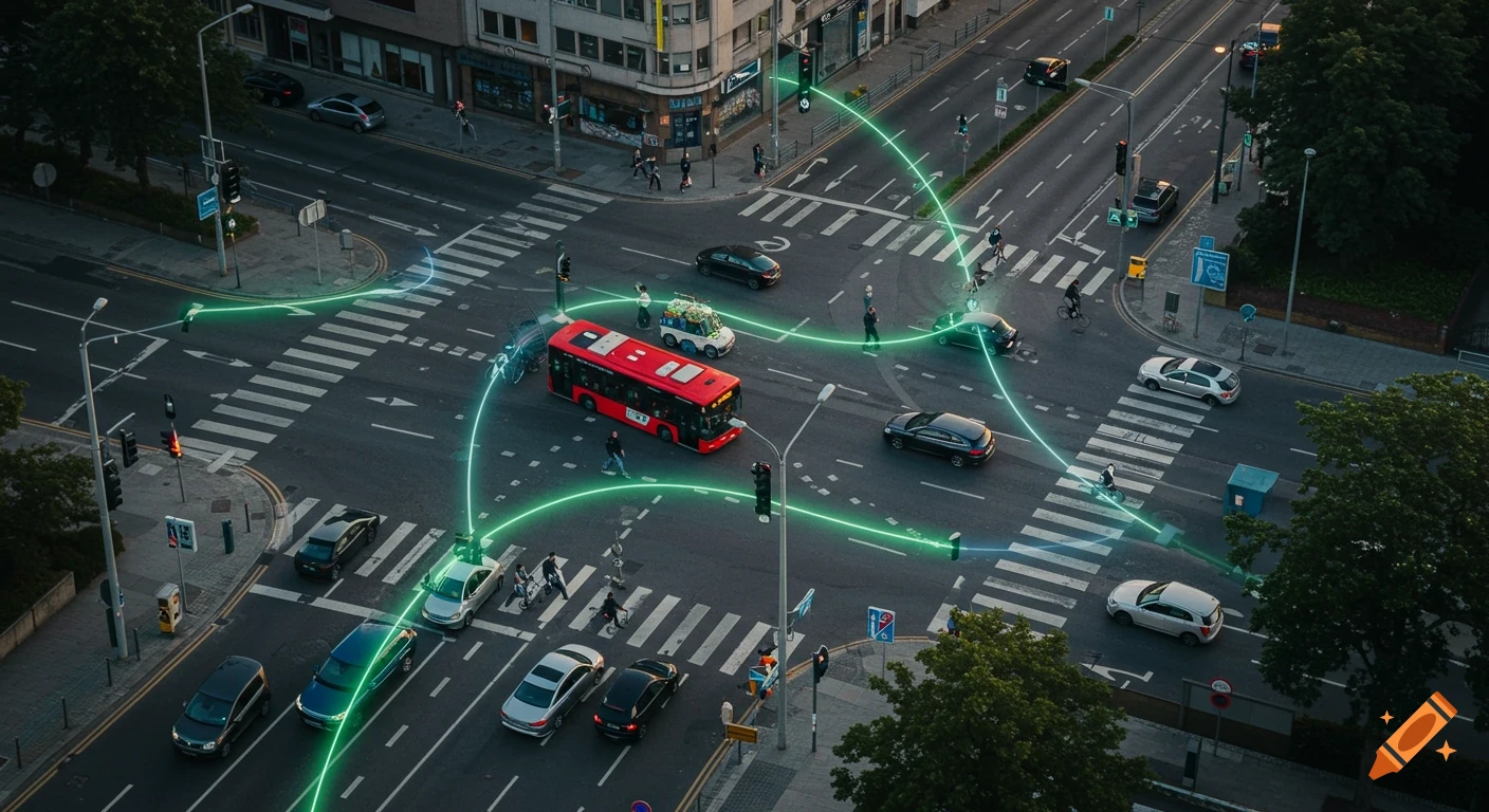Aerial photorealistic view of an urban intersection with a red bus, cars, cyclists, and pedestrians, connected by glowing green and blue lines.