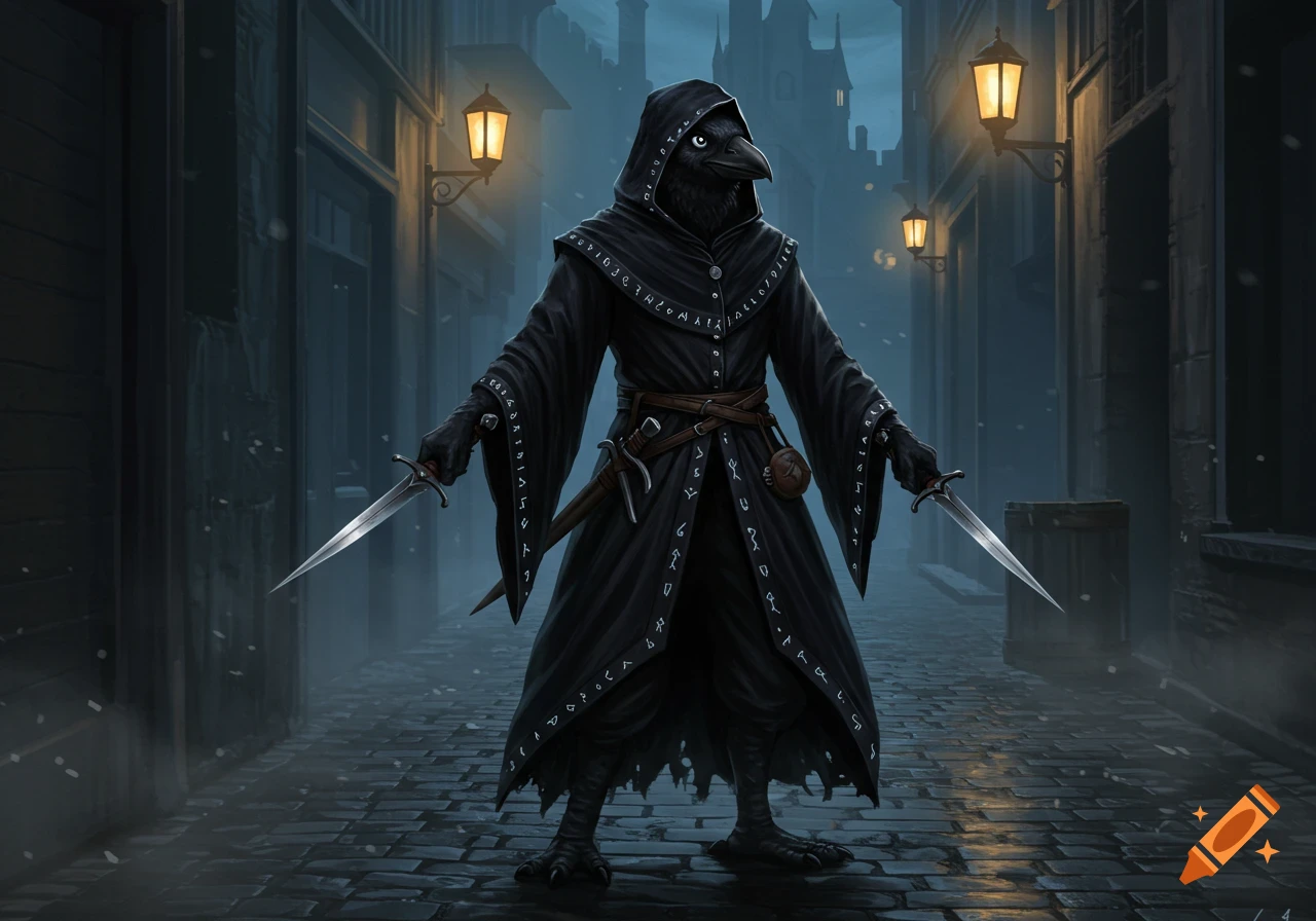 A hooded kenku in black robes covered in white runes holds two daggers in a dark, snowy alley lit by lanterns.