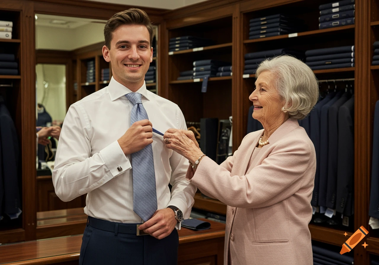 Young man in a white shirt and blue tie smiles as an older woman in a pink suit adjusts his tie in a suit shop.