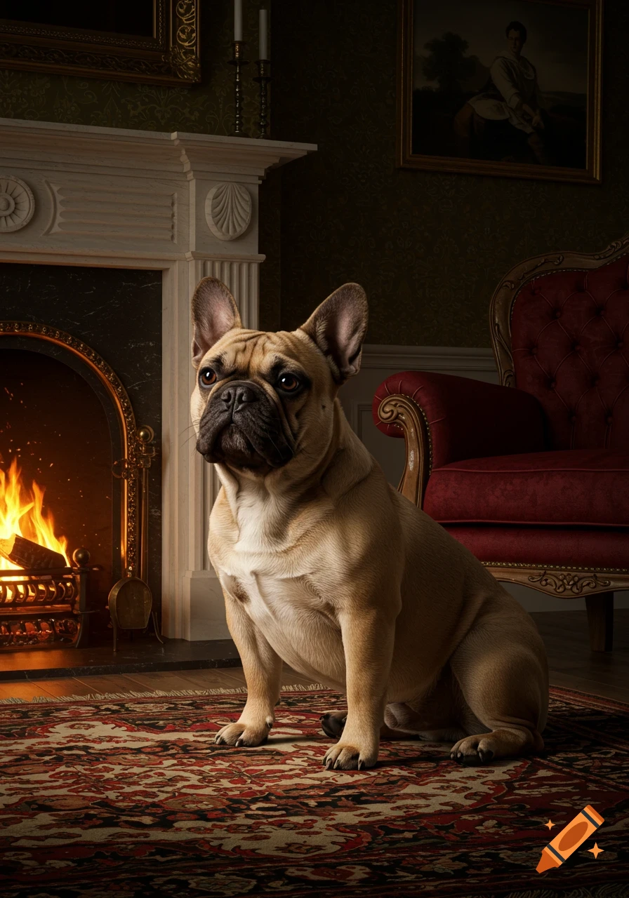 A fawn French Bulldog sits on an ornate rug in a luxurious room, facing a roaring fireplace and a red velvet armchair.
