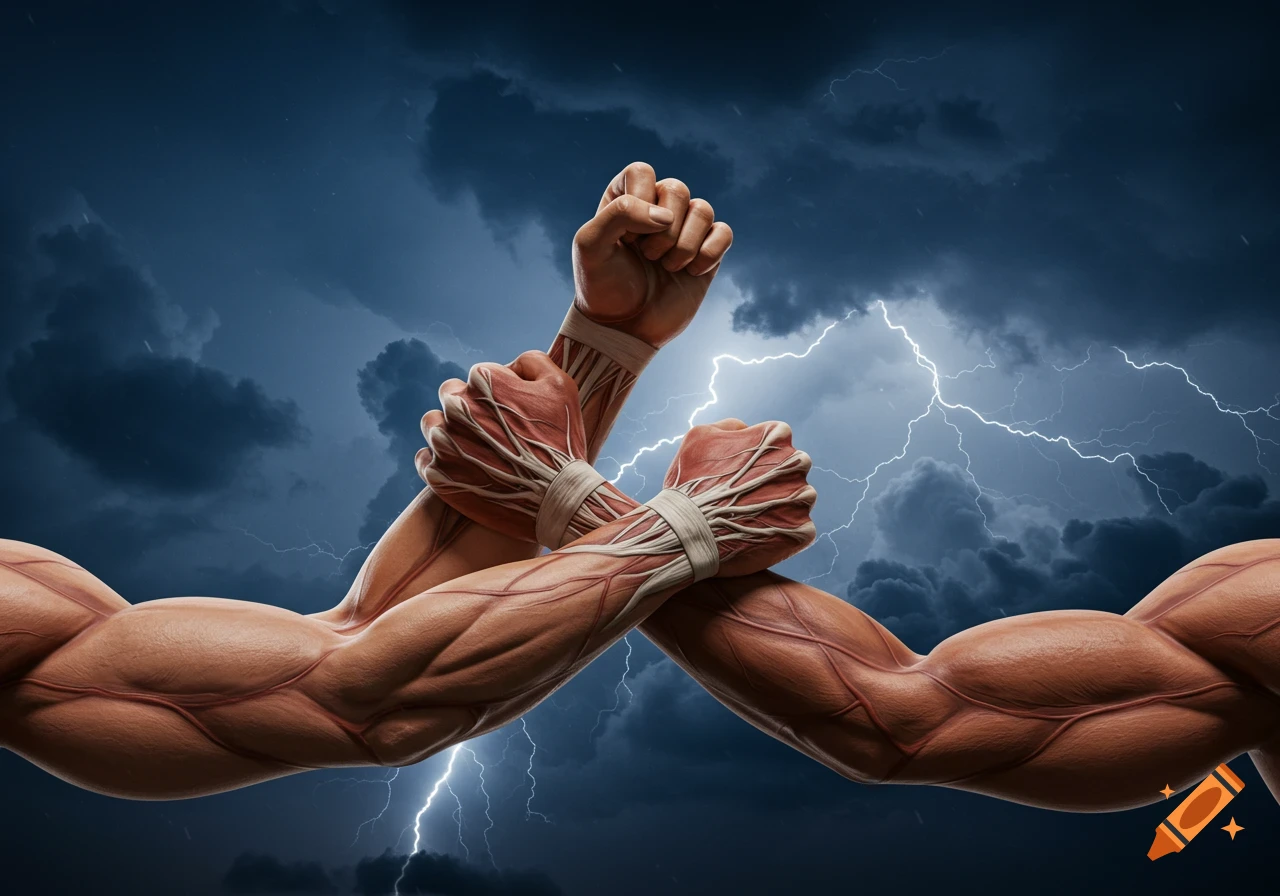 Four stylized muscle-bound arms with exposed tissue entangled against a dramatic stormy sky with lightning.