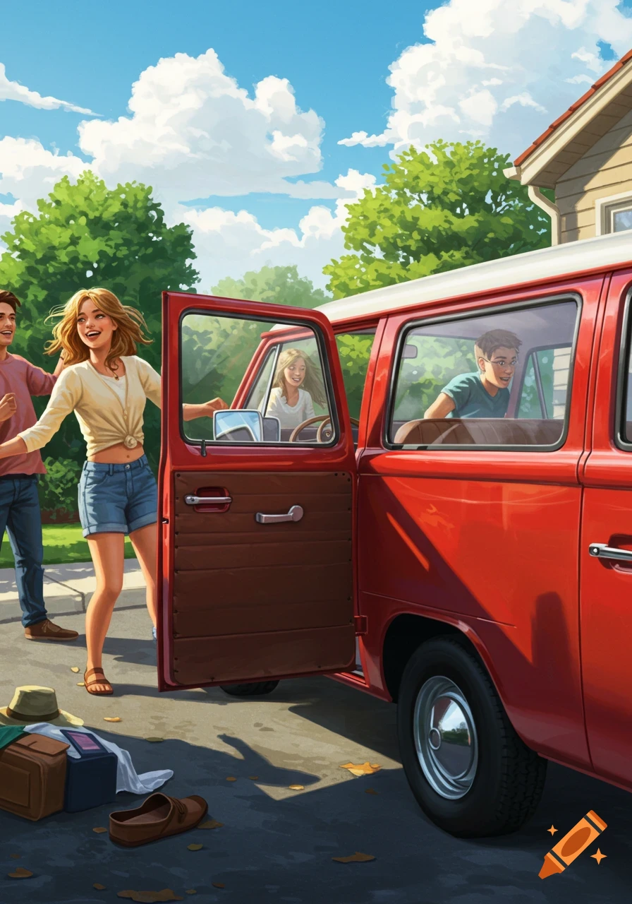 Illustrated scene of young people smiling around a red minivan on a sunny day, ready for a road trip.