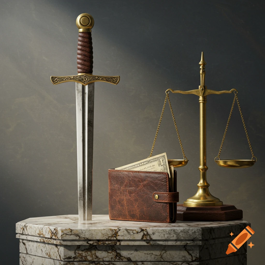 A medieval sword, a leather wallet with money, and golden scales of justice stand on a marble pedestal in a photorealistic style.