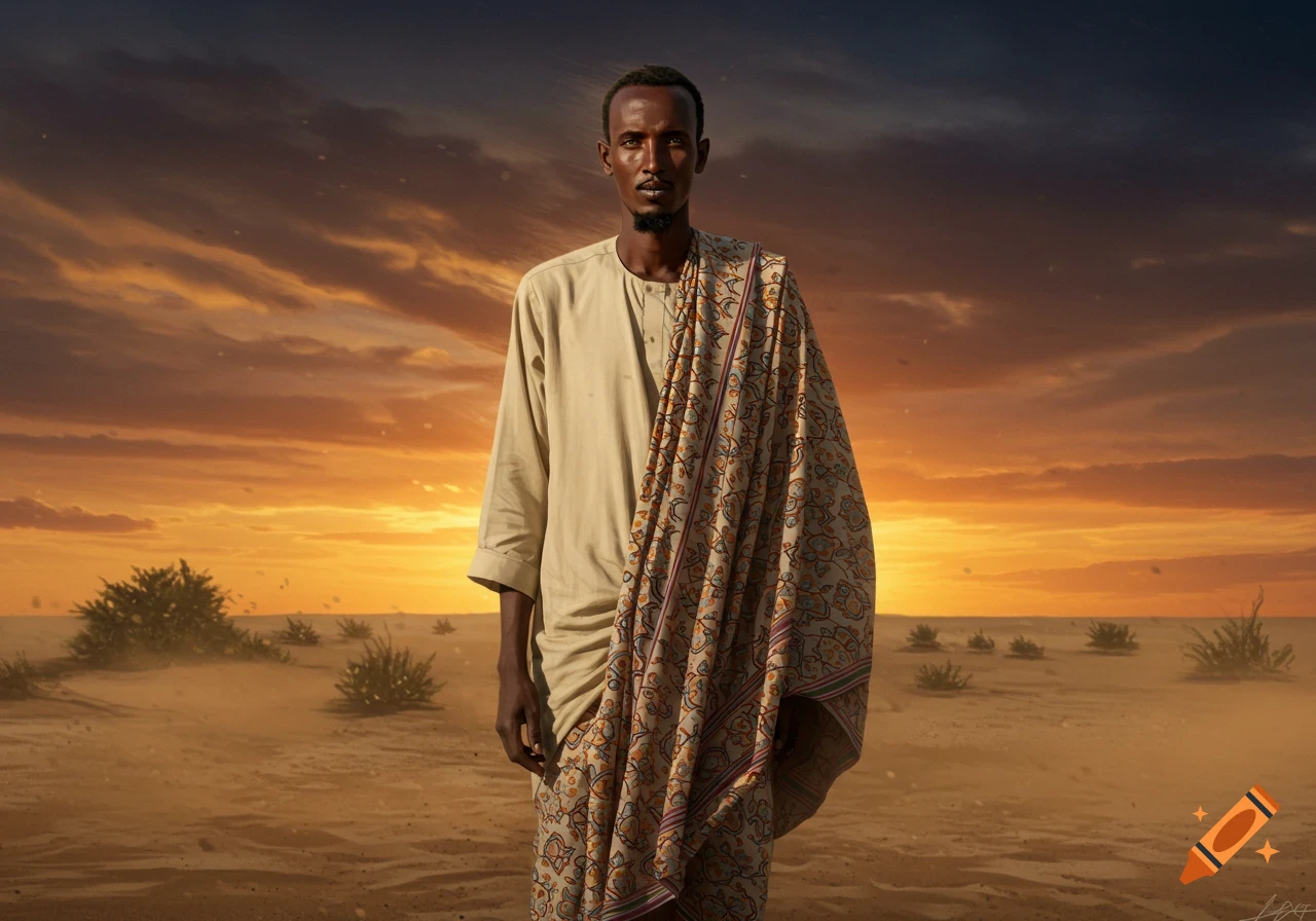 A man in traditional attire with a patterned shawl stands in a desert landscape at sunset, looking forward.