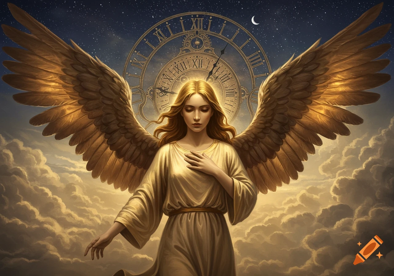 An ethereal angel with golden wings and hair, wearing a white gown, stands with a large bronze clock halo against a starry, cloudy sky.