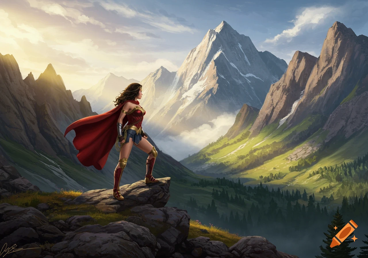 Wonder Woman stands on a rocky mountain peak overlooking a vast, sunlit mountain valley, her red cape flowing.