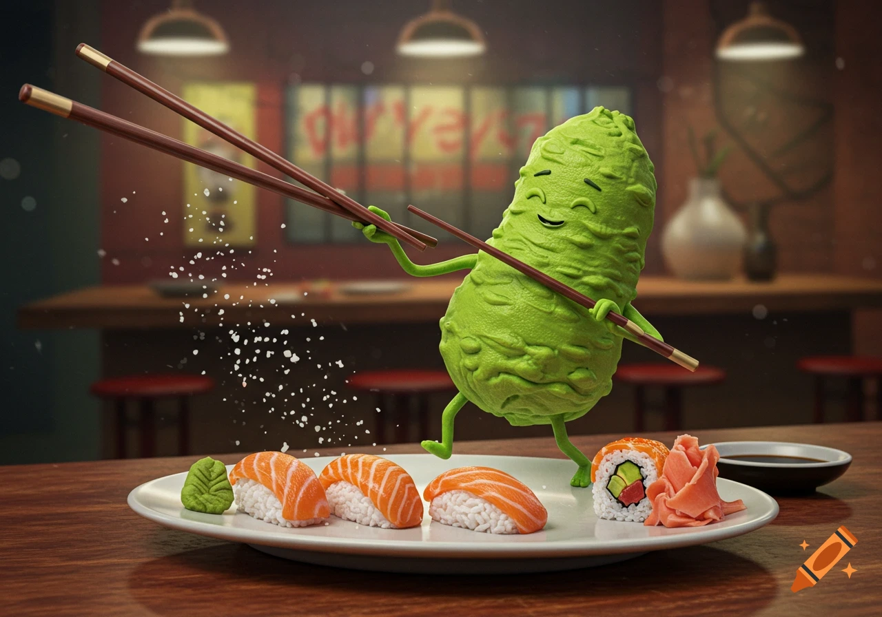 A happy, green cartoon pickle character holding chopsticks stands on a plate of sushi and wasabi in a restaurant.