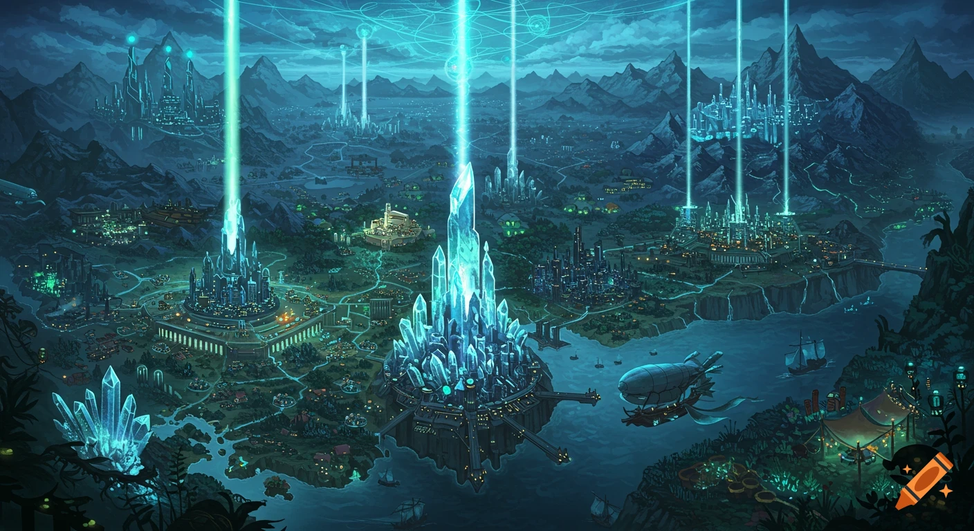 Overhead view of a fantastical city with glowing crystal spires, advanced buildings, mountains, rivers, airships, and intricate pathways.