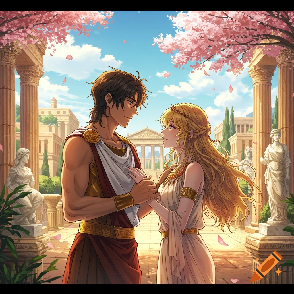 Anime-style Aeneas and Dido in ancient Roman/Greek attire, holding hands in a courtyard with columns and cherry blossoms.
