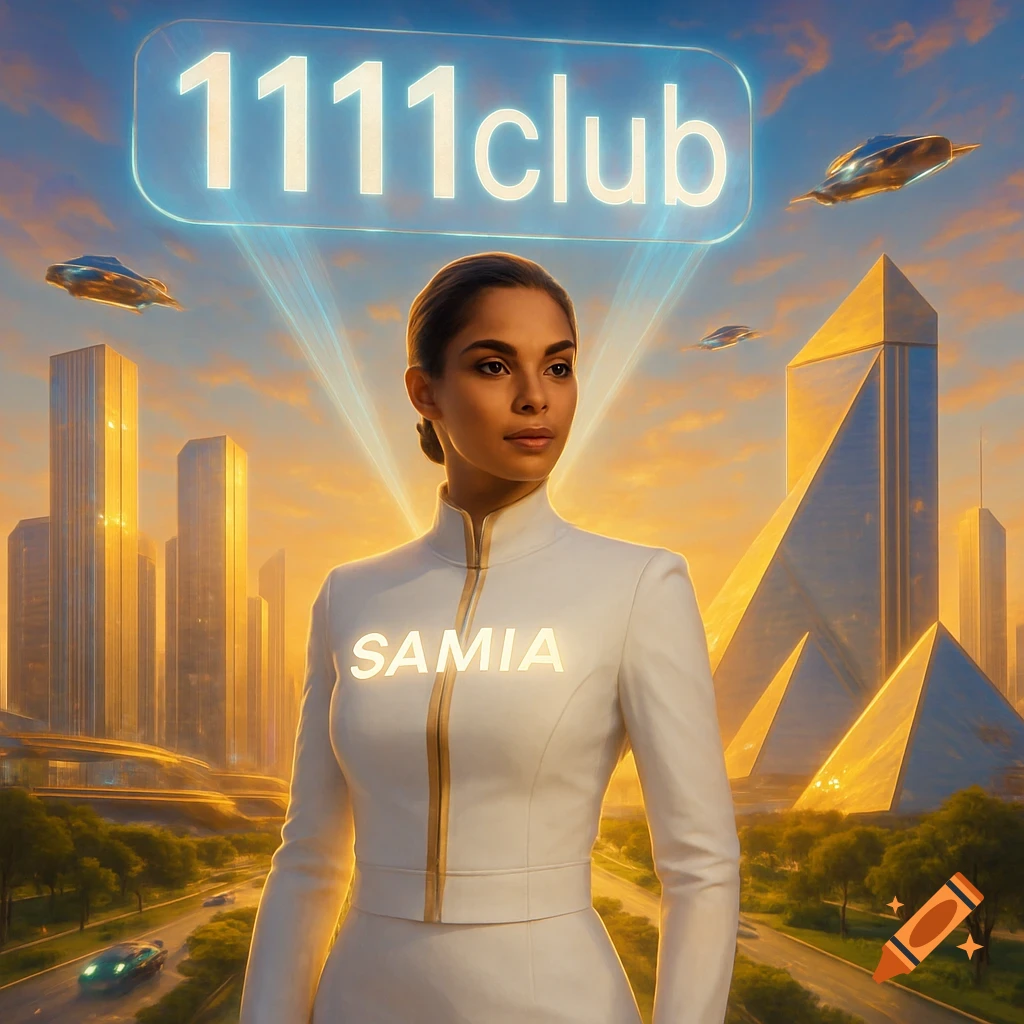 Samia in a white futuristic suit stands confidently in a golden futuristic city with flying cars and a '1111club' hologram.