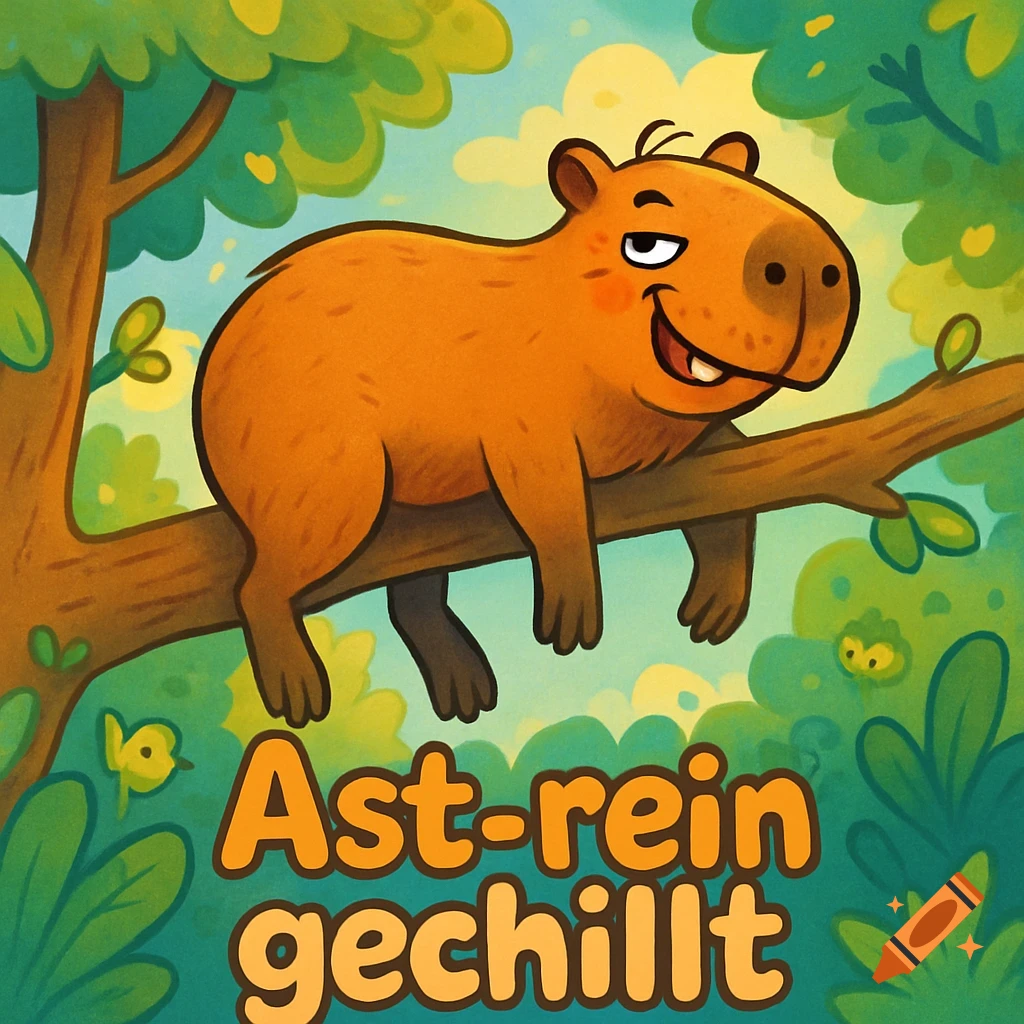 A happy cartoon capybara with a sly grin relaxes on a tree branch in a lush jungle, with the text 'Ast-rein gechillt'.