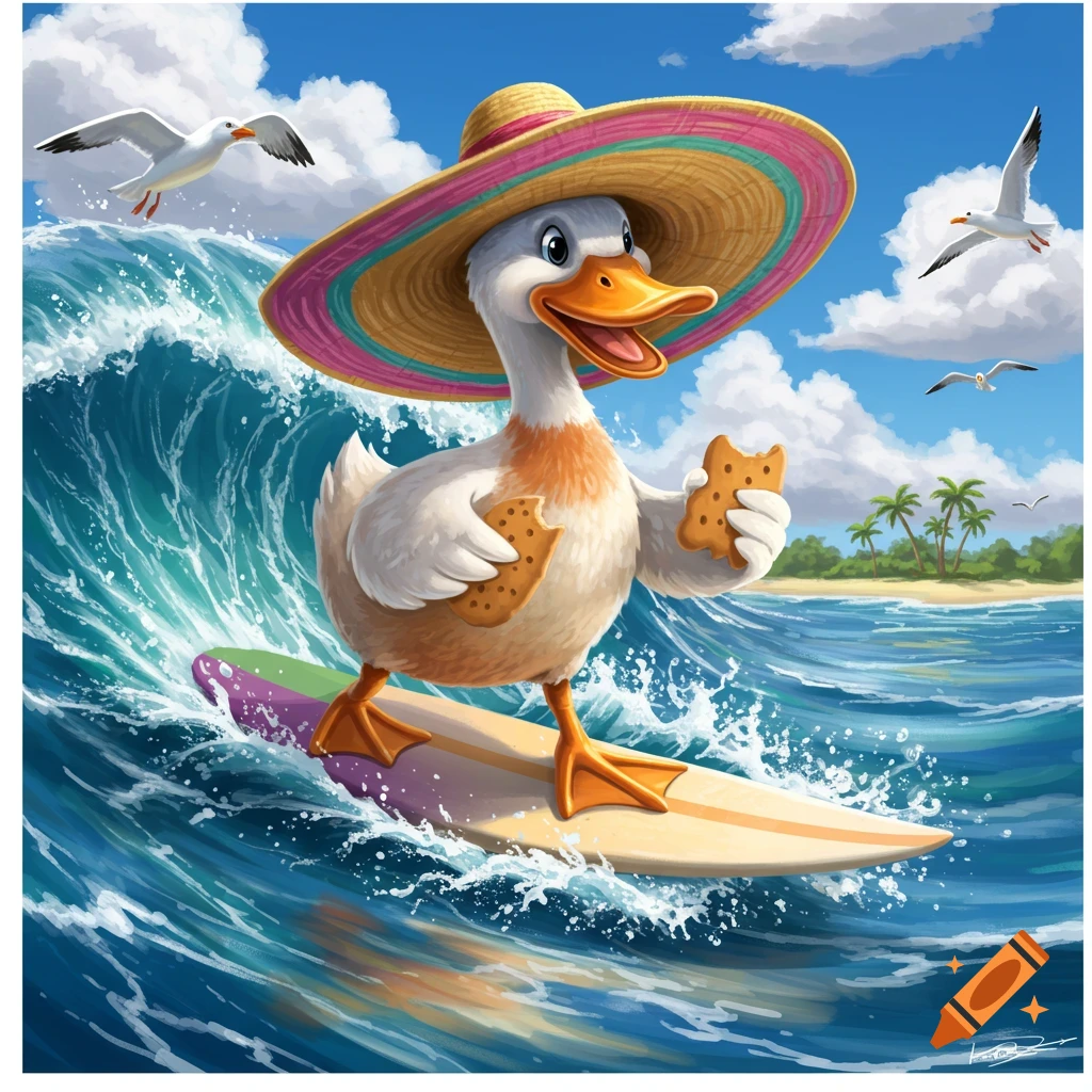Cartoon duck in a straw hat surfing a blue wave, eating biscuits, with seagulls and a tropical beach in the background.