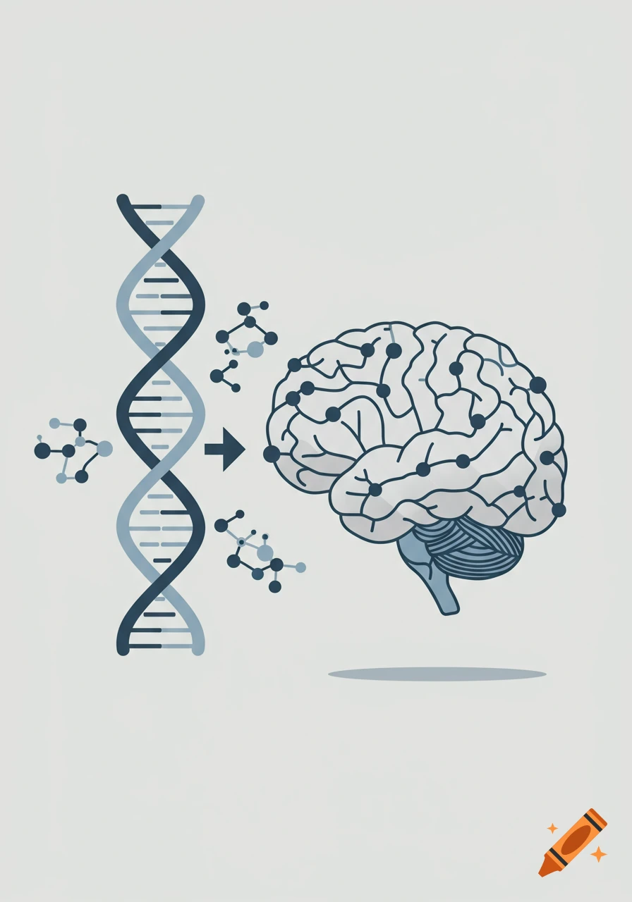 Stylized illustration showing a DNA double helix transforming into a human brain on a light background.