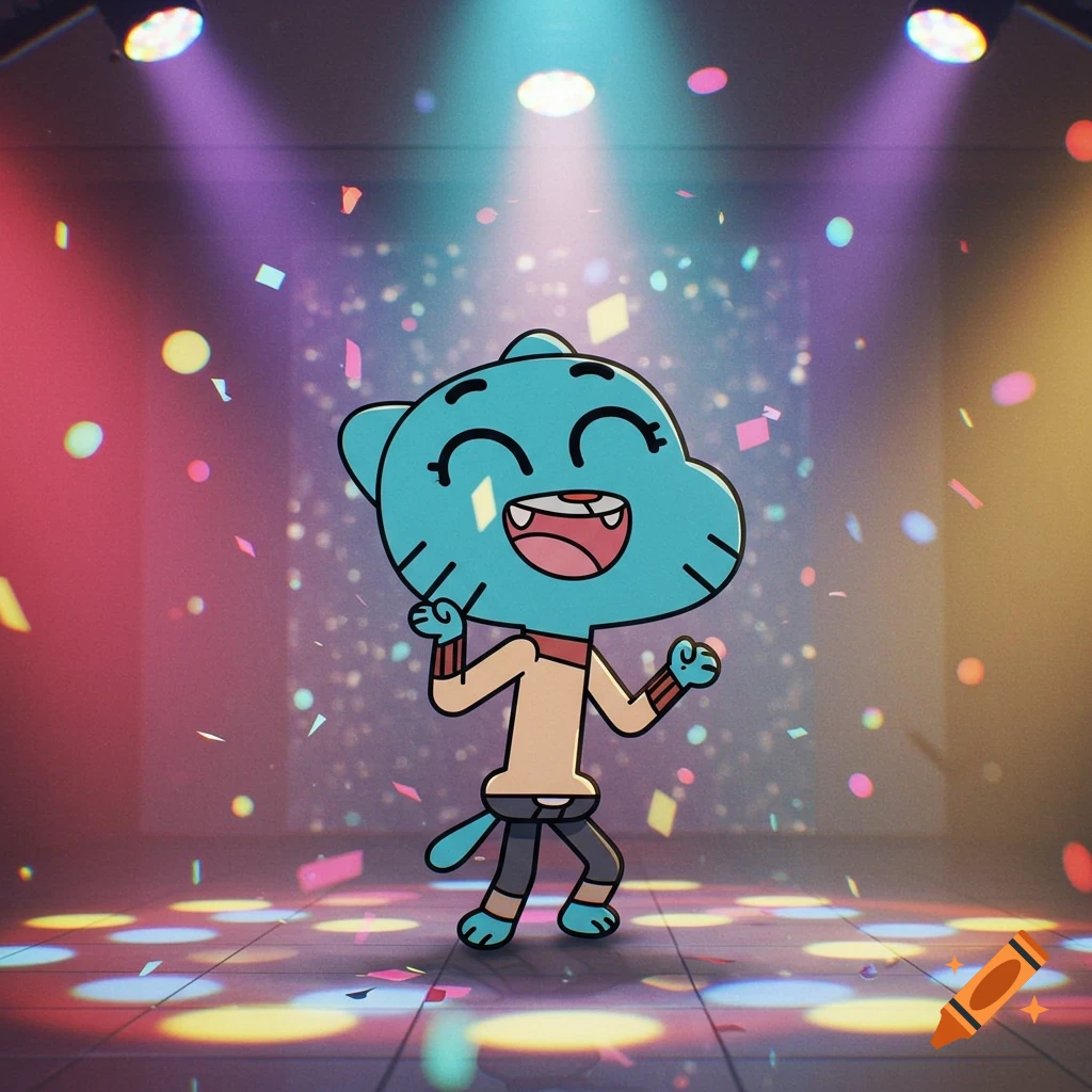 Gumball Watterson dancing happily in a disco with colorful lights and falling confetti.