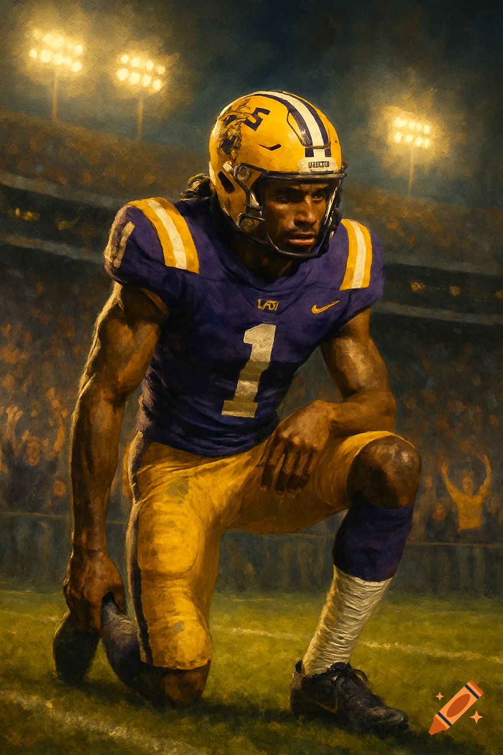 A stylized painting of a football player in a purple and gold uniform kneeling on a field under stadium lights at night.