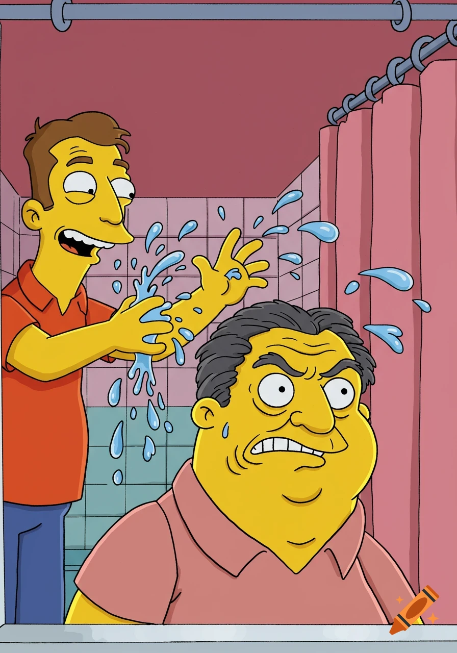Two yellow-skinned cartoon men in a bathroom. One man happily flicks water from his hands onto the other, who looks annoyed.